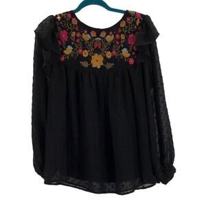 JODIFL S Black Floral Embroidered Round Neck Long Sleeve Blouse Top B95